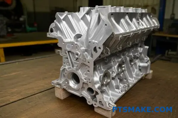 Detailed aluminum engine block showing precision metal casting quality and surface finish on workshop table