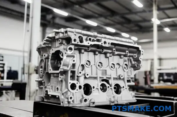 Precision aluminum engine block demonstrating optimized foundry casting process with improved material yield efficiency
