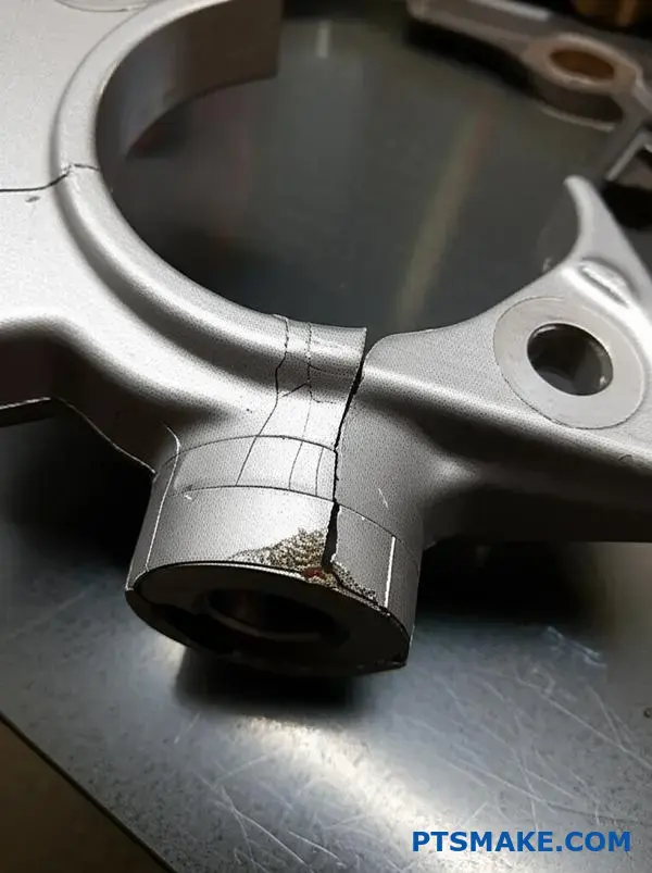 Close-up view of a defective metal casting component showing visible cracks and surface defects for failure analysis inspection