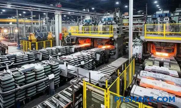 Industrial foundry showing automated metal casting systems transitioning from prototype to mass production manufacturing