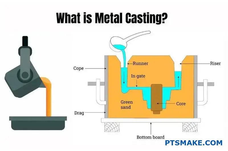 Diagram Explaining Metal Casting with Cope, Drag, Runner, Gate, Core, and Riser