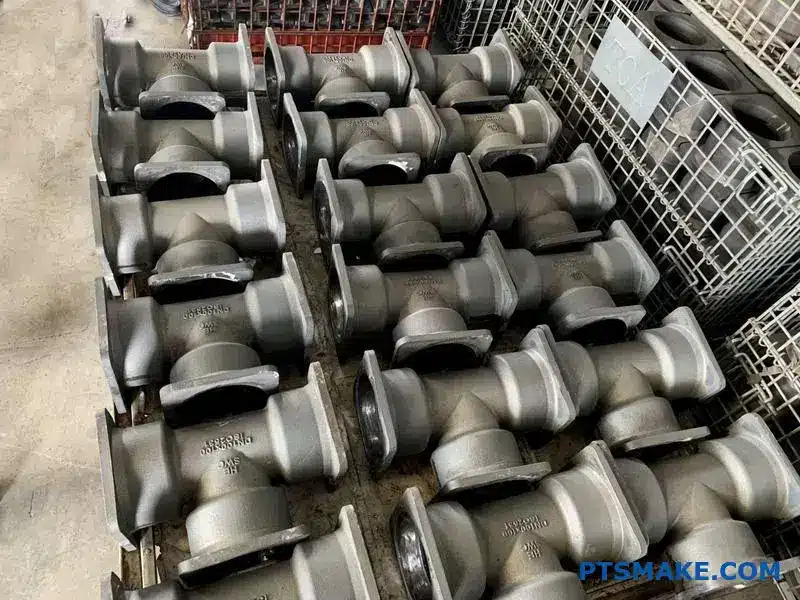 Three automotive engine blocks showing different metal foundry techniques and surface finishes on industrial table