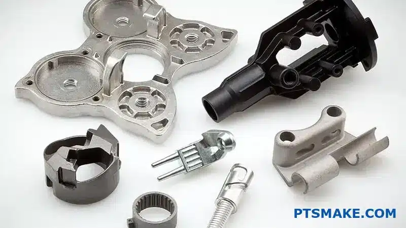 Three automotive engine blocks showing different metal foundry techniques and surface finishes on industrial table