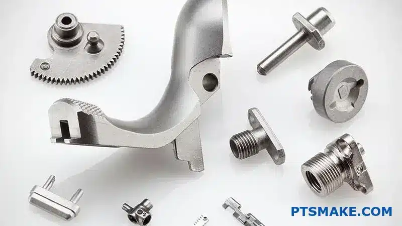 Three automotive engine blocks showing different metal foundry techniques and surface finishes on industrial table