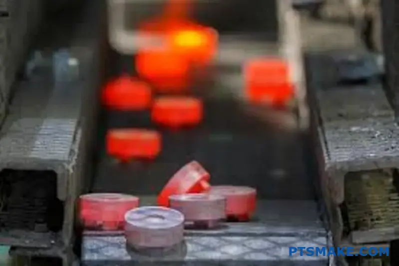 Various metal casting parts displaying different heat treatment finishes on workshop surface