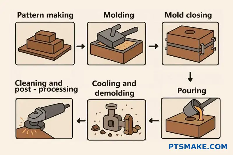 Diagram showing stages: Pattern Making, Molding, Mold Closing, Cleaning and Post-Processing, Cooling and Demolding, Pouring