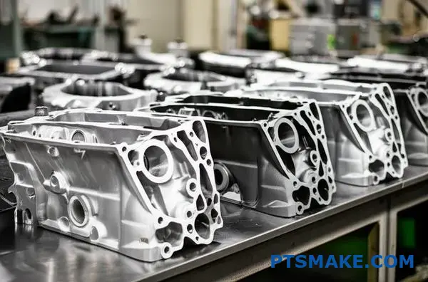 العديد من المكونات المعدنية المصبوبة بالرمل بما في ذلك كتل المحرك والتروس التي تعرض نتائج عمليات الصب المختلفة