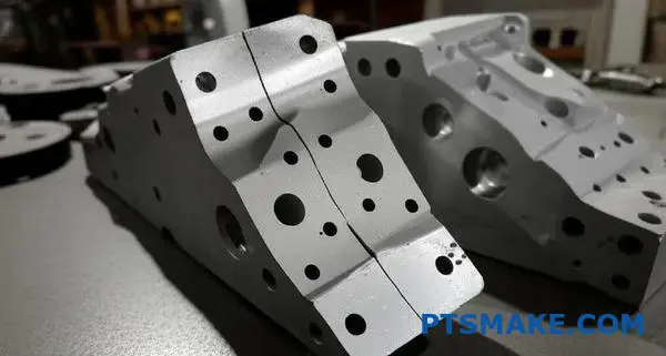 مجموعة من المكونات المعدنية المصبوبة التي تظهر عيوب الصب المختلفة وعيوب السطح على طاولة الورشة