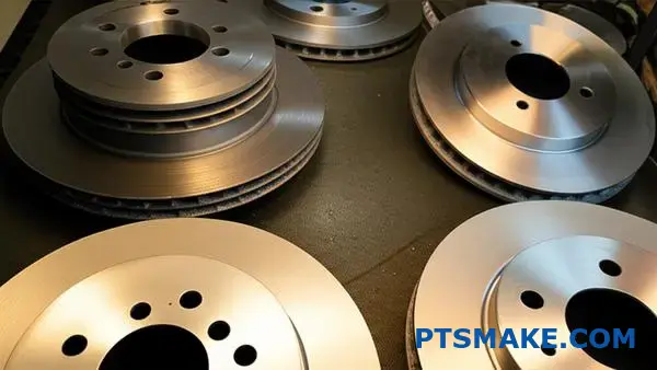 مراحل مختلفة من أقراص المكابح المعدنية المصبوبة التي تُظهر تطور التنظيف والتشطيب من الأسطح الخام إلى الأسطح المصقولة