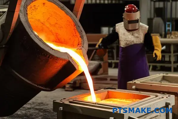 عامل مسبك صناعي يسكب الألومنيوم المصهور بعناية من المغرفة في قالب الصب بالرمل أثناء عملية الصب المضبوطة