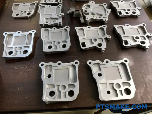 أقواس محركات معدنية مختلفة من المعدن المصبوب معروضة على طاولة الورشة تظهر نتائج تصنيع الصب بالرمل