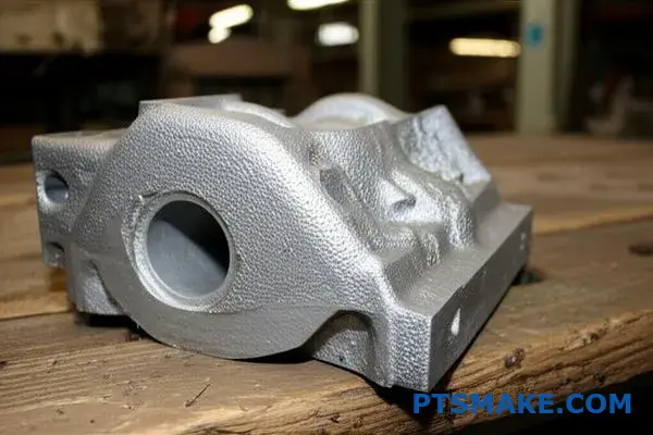 جزء مصبوب معدني يعرض سطحًا خشنًا مع عيوب تغلغل الرمل من عملية تصنيع الصب بالرمل في المسبك