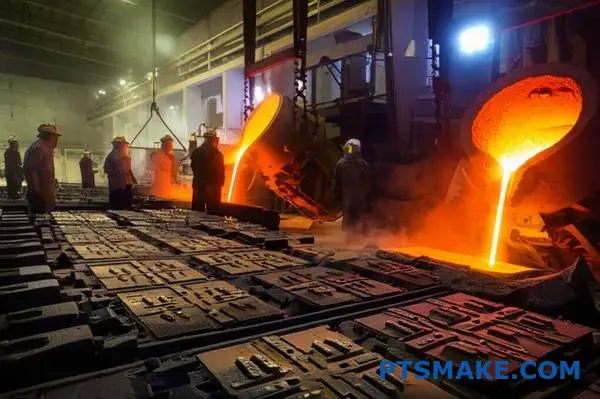 عمال المسابك الصناعية الذين يقومون بعملية صب المعادن باستخدام قوالب الرمل مع معدات صب المعادن المنصهرة