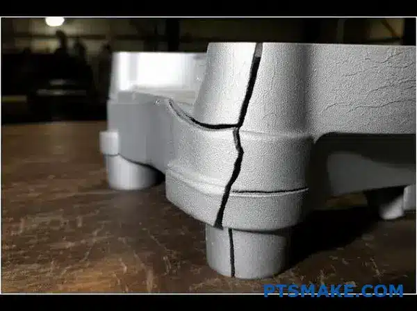 مكون الصب المعدني الذي تظهر عليه عيوب التمزق الساخن والتشققات الإجهادية الناتجة عن عملية الصب بالرمل