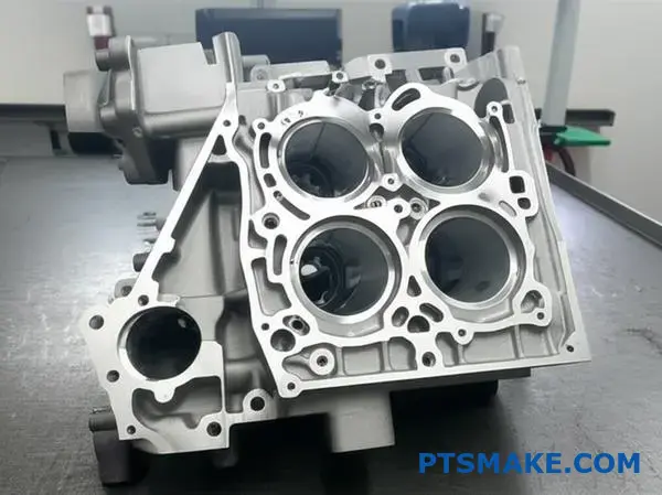 Precision cast aluminum engine component showing gravity casting quality with smooth finish and detailed internal structure
