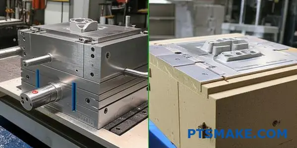 Comparison of permanent mold casting and sand casting techniques showing different surface finishes and tooling approaches in gravity casting processes