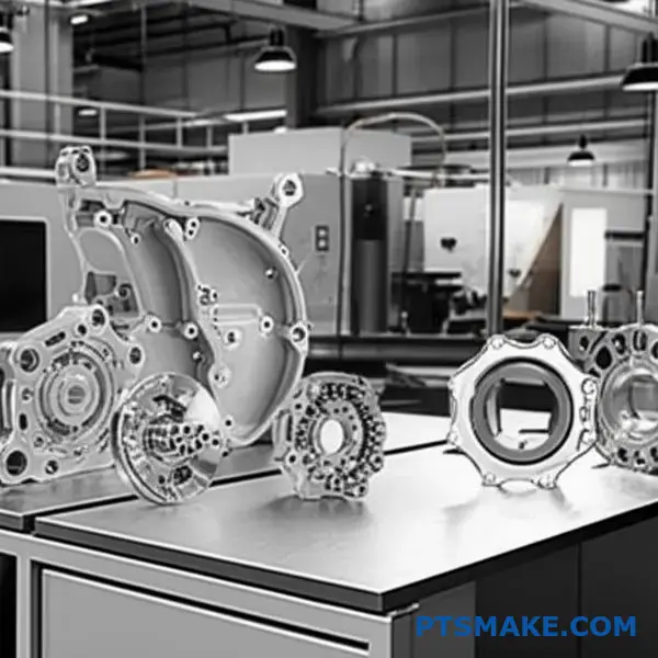 Various aluminum components showing different gravity cast finishing stages from raw to machined parts