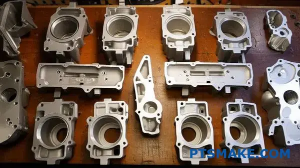 Multiple gravity cast aluminum engine parts displaying uniform wall thickness and proper draft angles for manufacturing