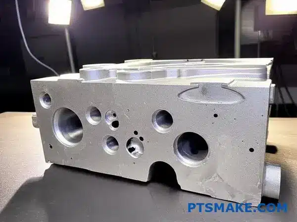 Cross-sectioned metal casting component displaying internal shrinkage porosity defects during quality inspection in gravity casting manufacturing process