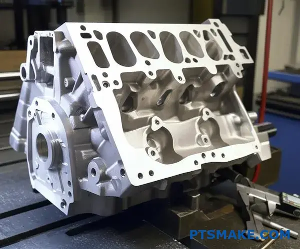 Precision aluminum engine block from metal casting process being inspected with measuring tools on industrial workbench