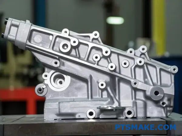 Complex aluminum bracket showing optimal gravity casting orientation for critical surface quality and proper metal flow design