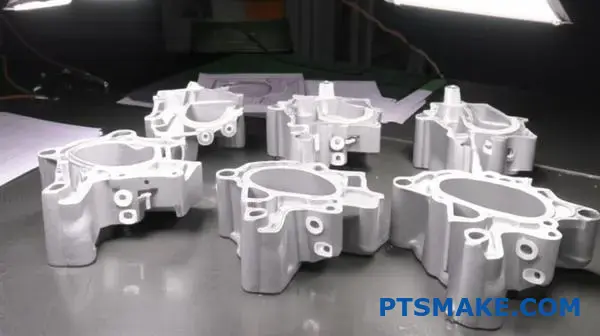 Various aluminum cast components displaying different gravity casting defects on inspection table for quality analysis
