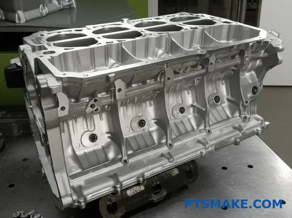High-precision aluminum engine block produced using permanent mold casting techniques showcasing superior surface finish and dimensional accuracy