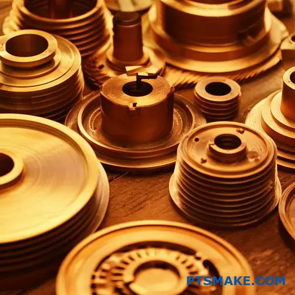 مكونات برونزية مختلفة مصبوبة من البرونز في مراحل تشطيب مختلفة تُظهر القوام السطحي وتفاصيل الصب المعدنية