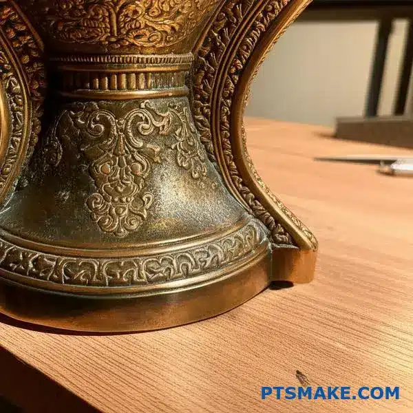 سبك برونزي مفصّل يُظهر الزخارف السطحية المعقدة والتشطيبات النهائية المصقولة على طاولة الورشة