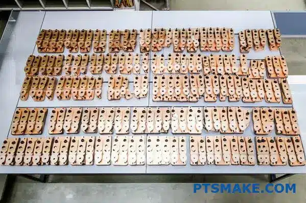 مكونات مصبوبة برونزية متعددة متطابقة من البرونز مرتبة بشكل منهجي مما يدل على جودة التصنيع المتسقة وقابلية الإنتاج