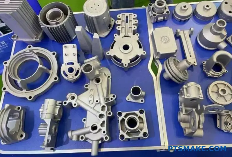 Three metal engine blocks showcasing different gravity casting methods including sand casting and permanent mold casting techniques