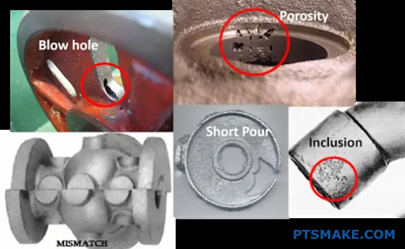 Three aluminum engine blocks displaying different gravity casting defects including porosity, shrinkage, and cold shut defects on inspection table