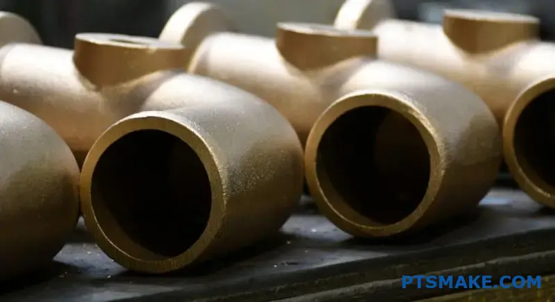 Row of Brass Pipe Fittings on a Workbench