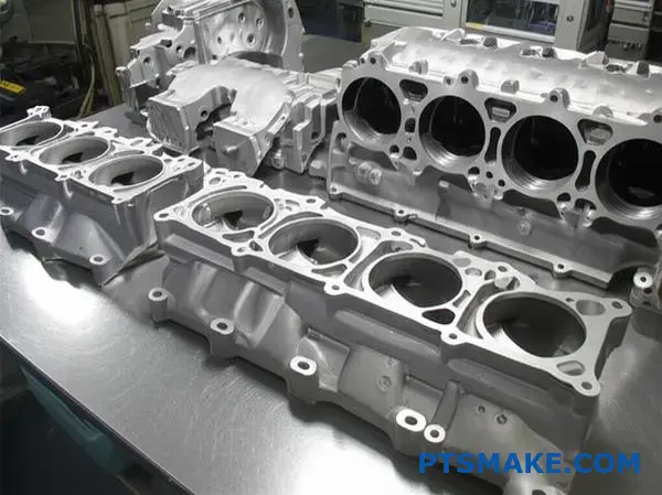 Various aluminum cast automotive components displaying different types of casting defects for quality inspection analysis