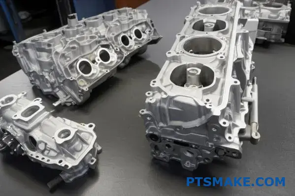 Various aluminum die cast automotive engine parts displaying different alloy properties and surface finishes on workshop surface