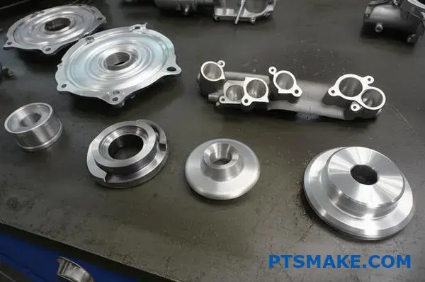 Various aluminum die casting components showing different finishing stages from raw to machined parts on workbench