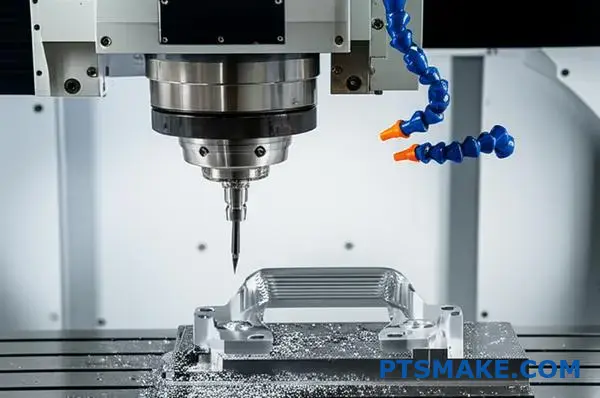 CNC milling machine precisely cutting aluminum die cast automotive bracket component in manufacturing environment