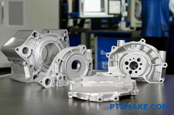 مكونات السيارات المصنوعة من الألومنيوم التي تظهر المراحل المختلفة لعمليات التشطيب بالقالب المصبوب وعمليات التصنيع الآلي