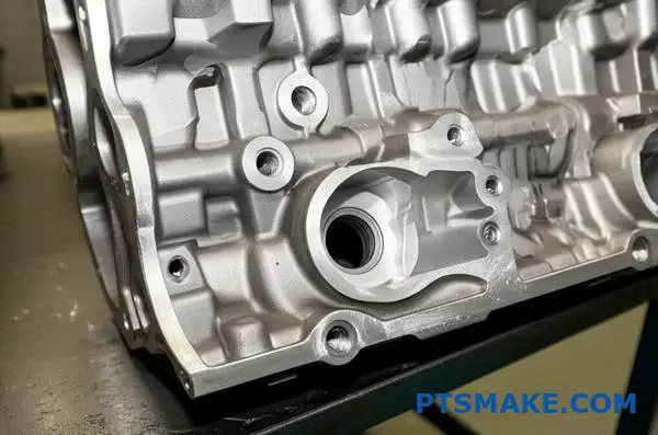 منظر عن قرب لكتلة محرك السيارات المصنوعة من الألومنيوم تظهر فيه بثور سطحية وعيوب في الطلاء ناتجة عن عملية الصب بالضغط العالي