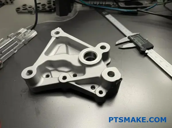 منظر عن قرب لدعامة السيارات المصنوعة من الألومنيوم تظهر عيوب الوميض واختلافات الأبعاد الناتجة عن عملية الصب بالضغط العالي