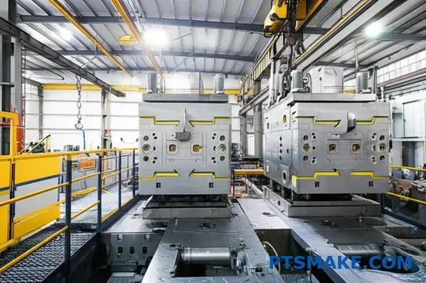 معدات الصب بالقالب الصناعي أثناء عملية التبديل تظهر القوالب المعدنية وآلات التصنيع في بيئة المصنع