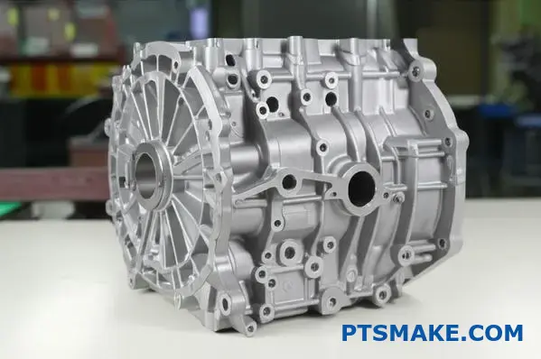 High-precision zinc alloy die casting component showing superior detail resolution and smooth metallic finish on industrial workbench