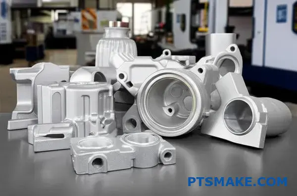 Various zinc die cast alloy parts displaying different metallic finishes and precision manufacturing quality on industrial surface