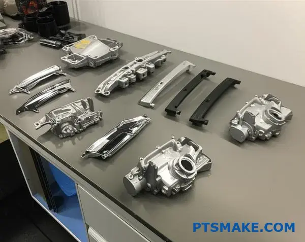 Various zinc die casting components showcasing different finishing treatments including plating and coating applications