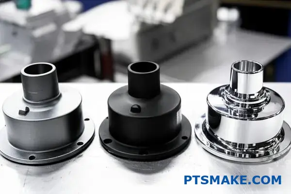 Three zinc die cast parts showcasing different surface treatments and finishes on industrial workbench