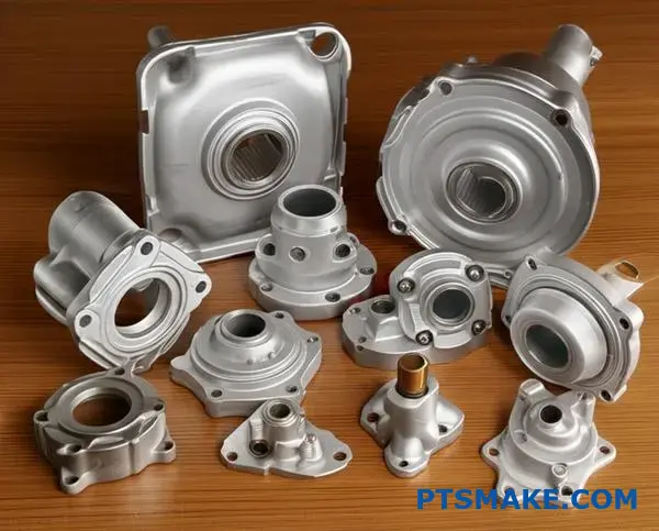 Various zinc alloy die casting components showing different finishing stages and manufacturing cost factors
