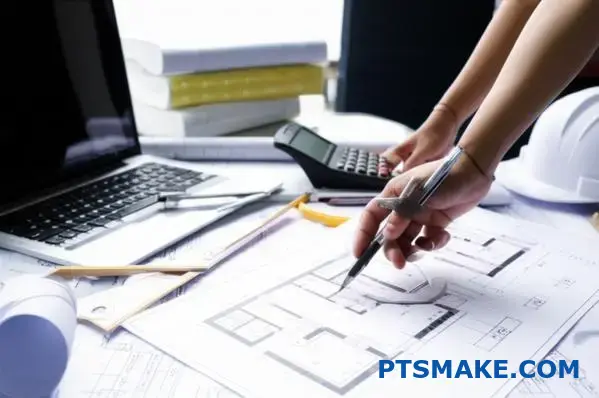 Engineer conducting design for manufacturability review with technical drawings and checklist on desk