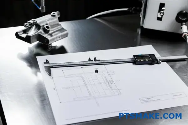 Quality inspector measuring zinc die cast automotive bracket with digital calipers against technical specifications