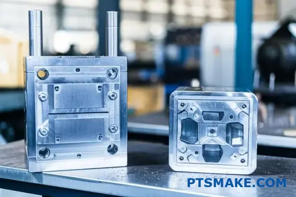 Comparison of new and refurbished zinc die casting tooling on workshop table showing investment decision factors