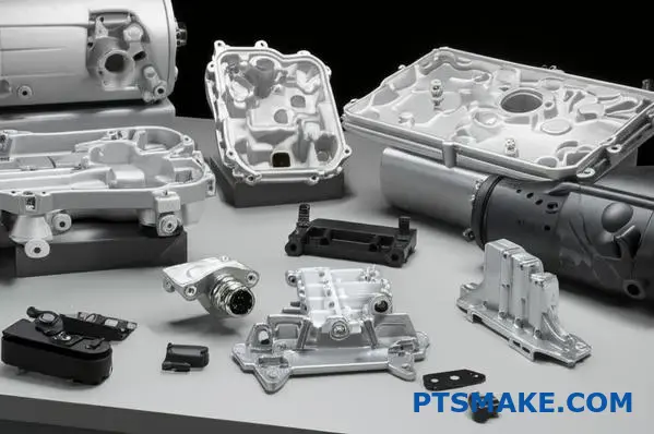 Various zinc die casting components displaying different post-processing treatments and surface finishes on manufacturing workbench